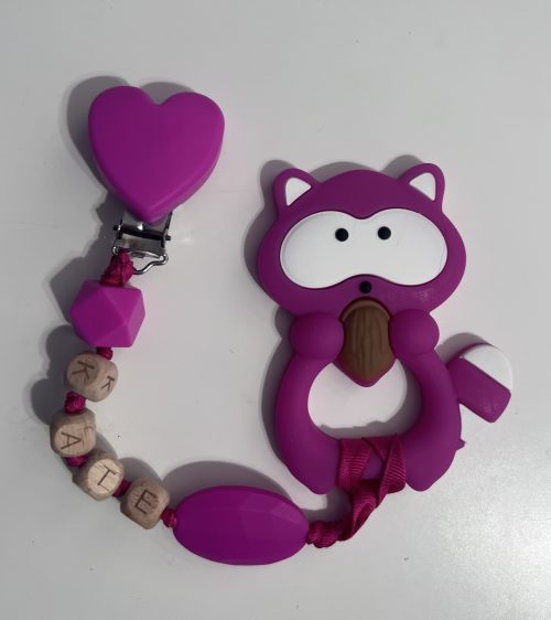 hot pink silicone teething raccoon teething clip personalized