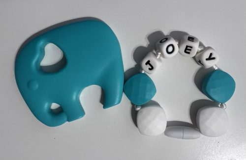 Teal elephant pendant and personalized teething bracelet set