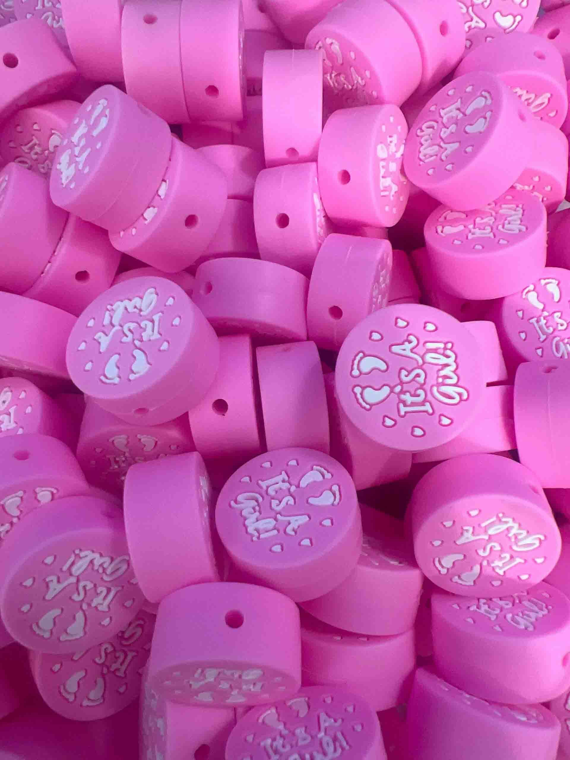 Silicone Pink It’s a Girl round shaped Beads