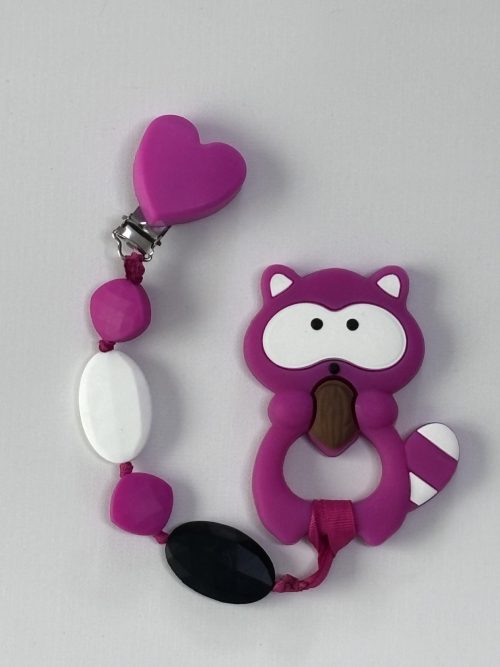 Silicone Hot Pink Teething Raccoon teething clip