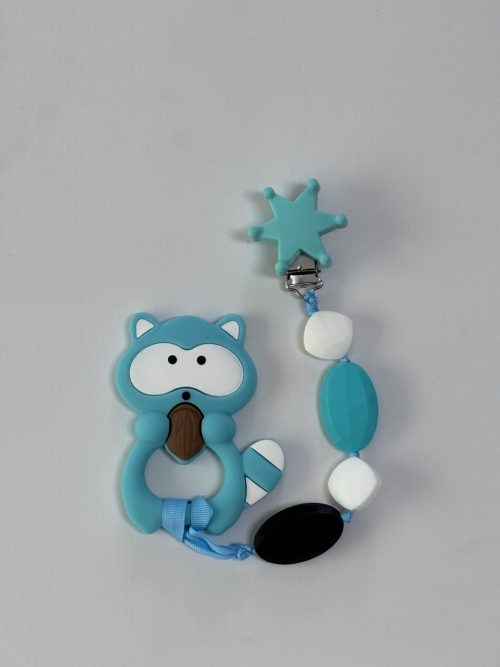 beaded teal raccoon teething clip