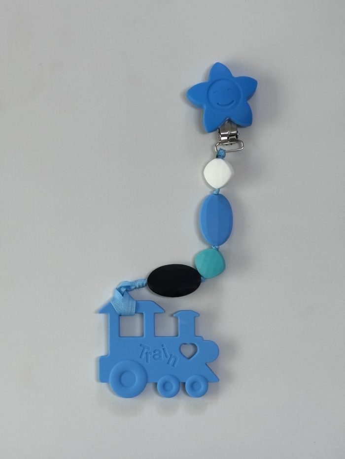 blue train teething clip