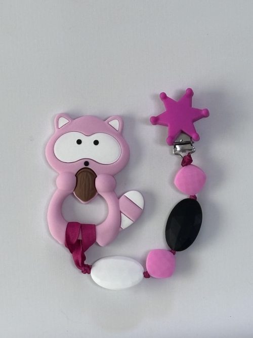 Pink Raccoon teething Clip