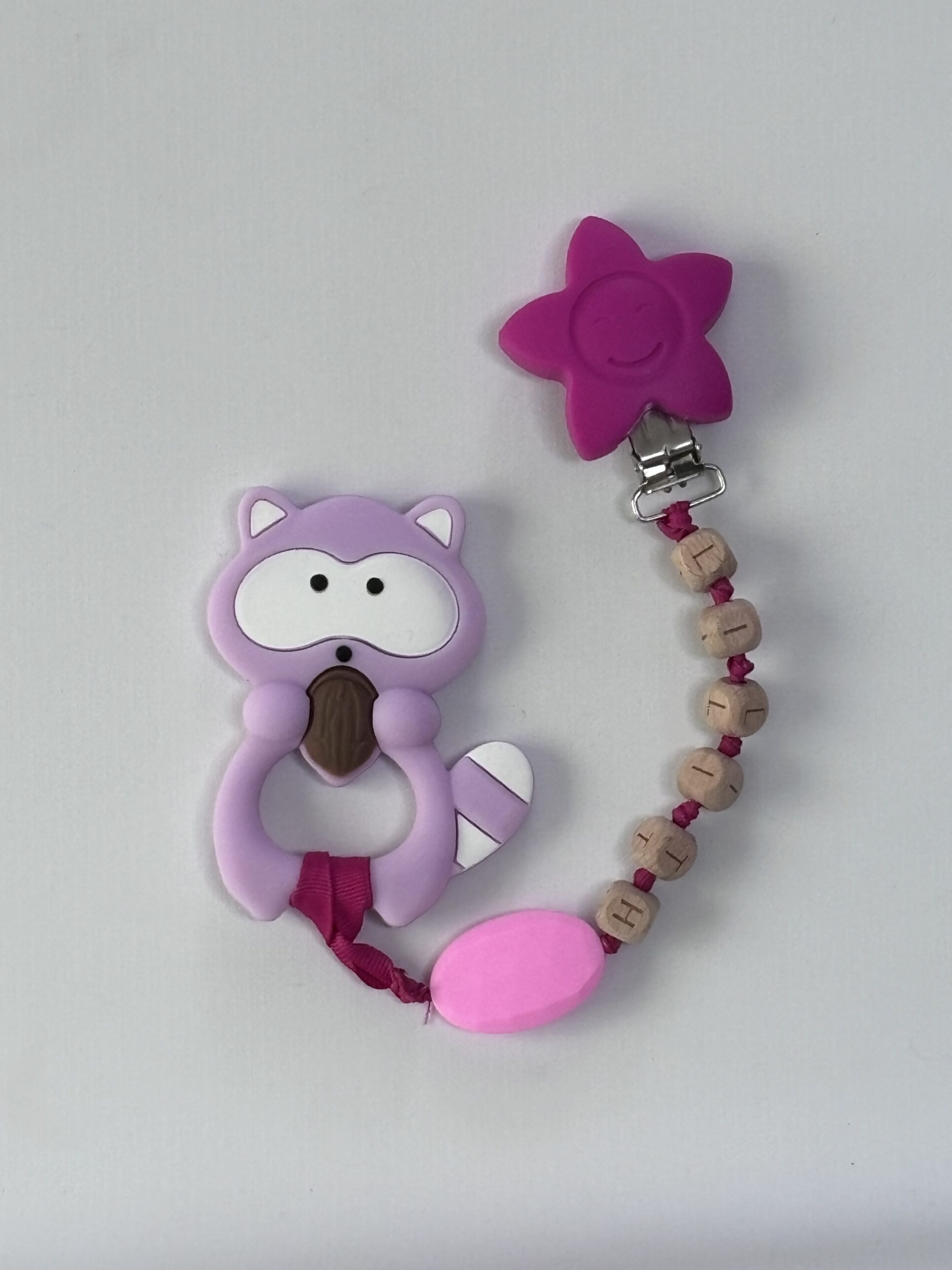 personalized lavender raccoon teething clip