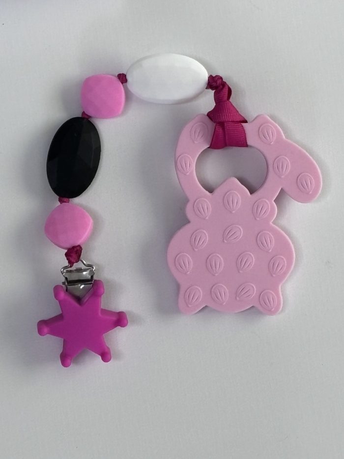 Pink Raccoon teething Clip