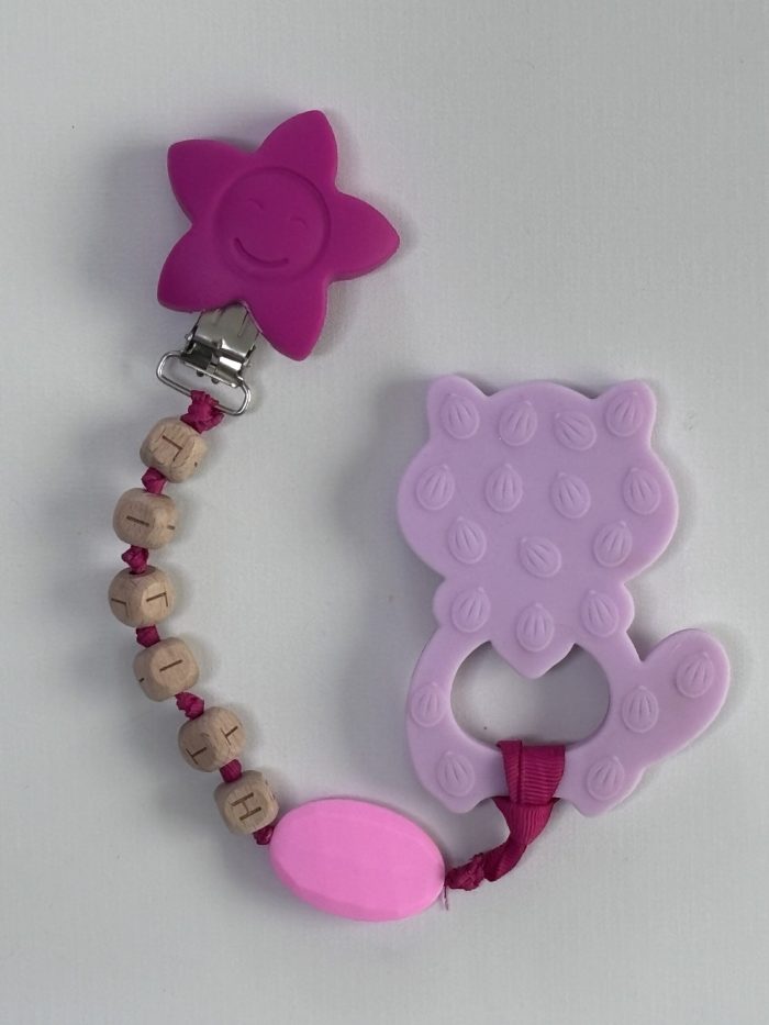 personalized lavender raccoon teething clip