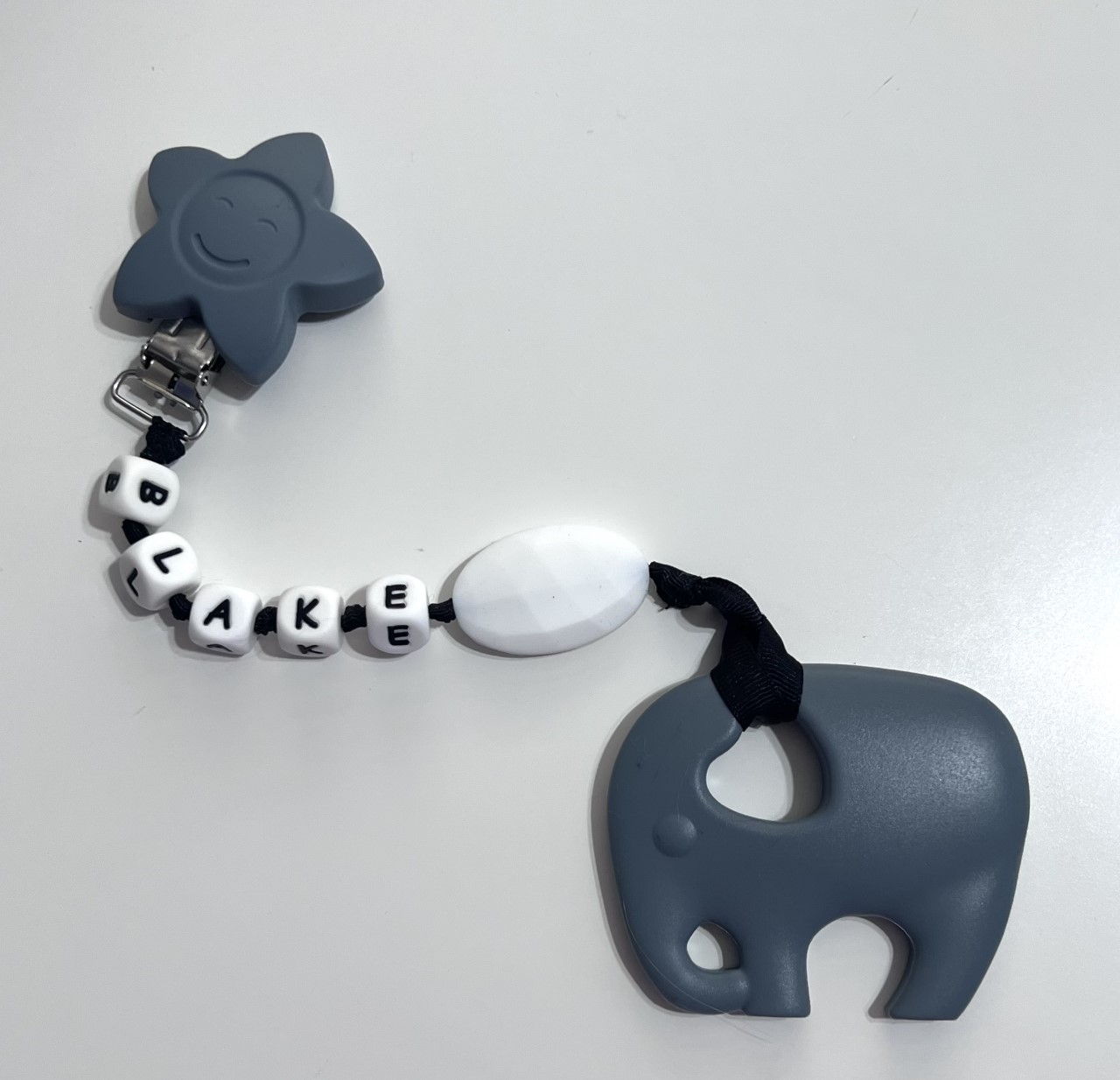 personalized grey elephant teething clip